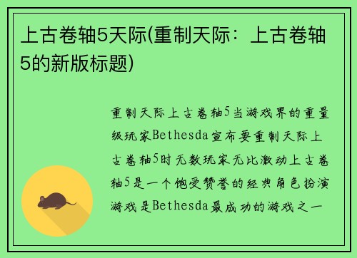 上古卷轴5天际(重制天际：上古卷轴5的新版标题)