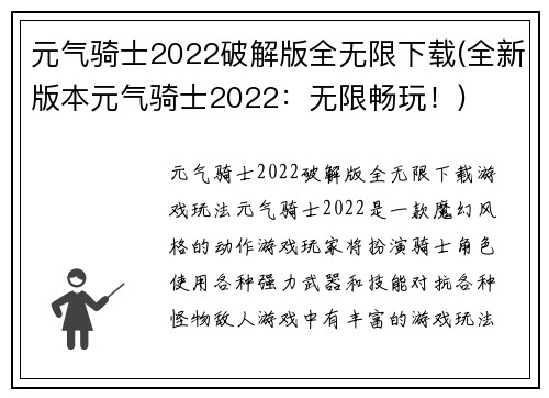 元气骑士2022破解版全无限下载(全新版本元气骑士2022：无限畅玩！)